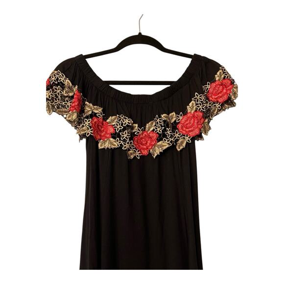 Y2K 90s Black & Red Rose Lace Slinky Off Shoulder Top & Pants Whimsigoth Size M - Picture 4 of 16